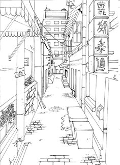 japanese city empty streets perspective drawing one point1