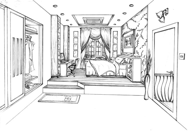 this is my one point perspective drawing of a designed bedroom re