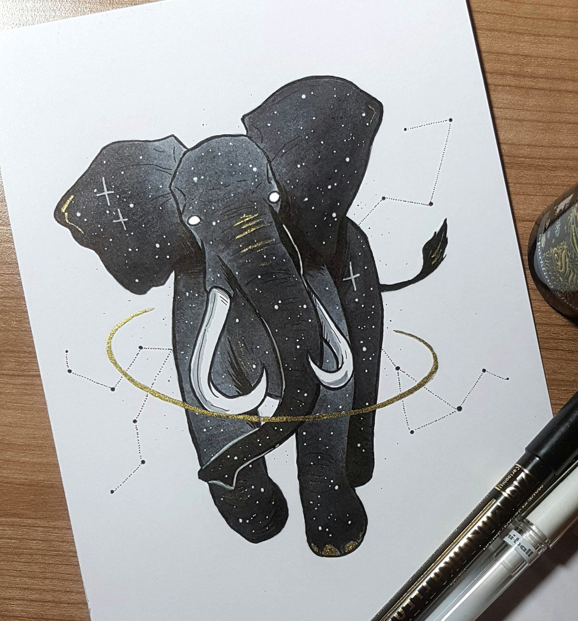 kinschi draws inktober day 24 a starry elephant inktober2018