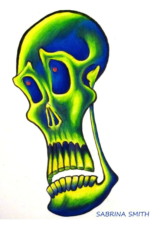 neon skull 2 by sabrina smith ink and colored pencil drawing https www