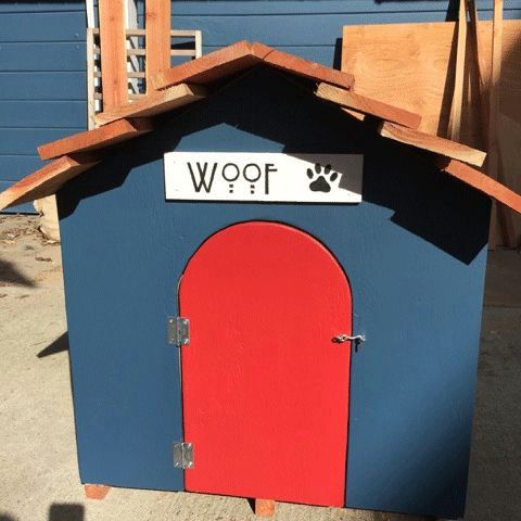 a red and blue dog house