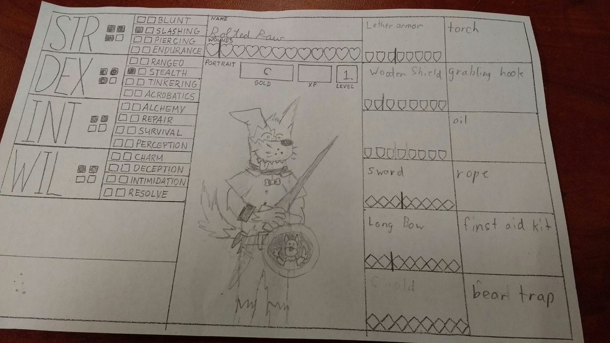designed a quick character sheet for a test of my mazegate rpg and the 5th grade player drew this looks like putting a huge portrait space in the middle