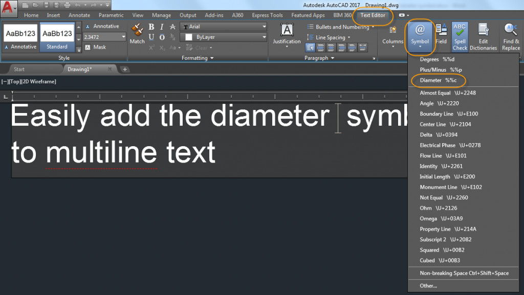 and you can use the same simple process to insert other popular symbols including degree plus minus center line and many more