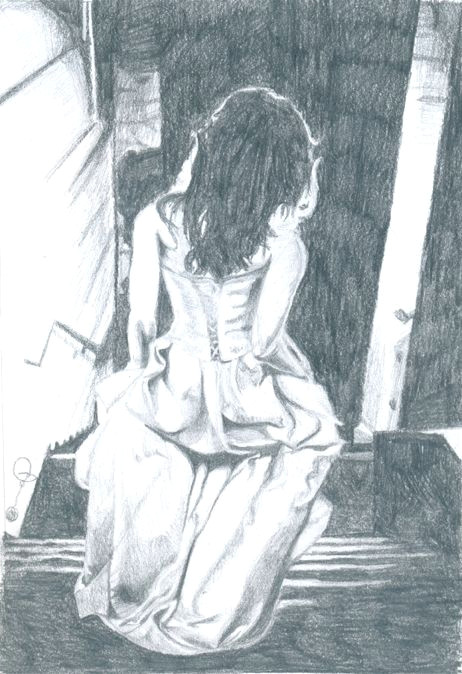 pencil drawing of a girl in evening gown running down stairs emily dewsnap