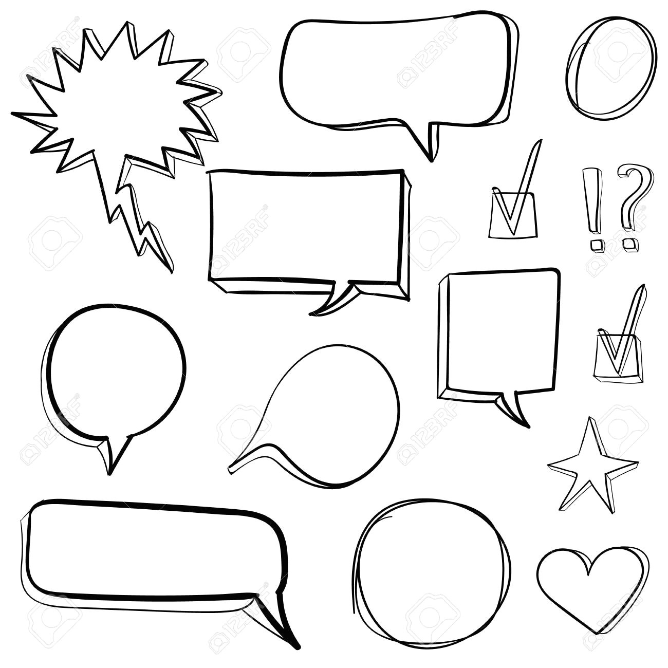 set od 3d hand drawn icons check mark star heart speech bubbles