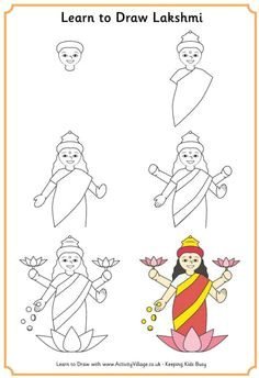 using our printable step by step tutorial kids can learn to draw lakshmi the hindu goddess of wealth and prosperity who is worshipped and encouraged into