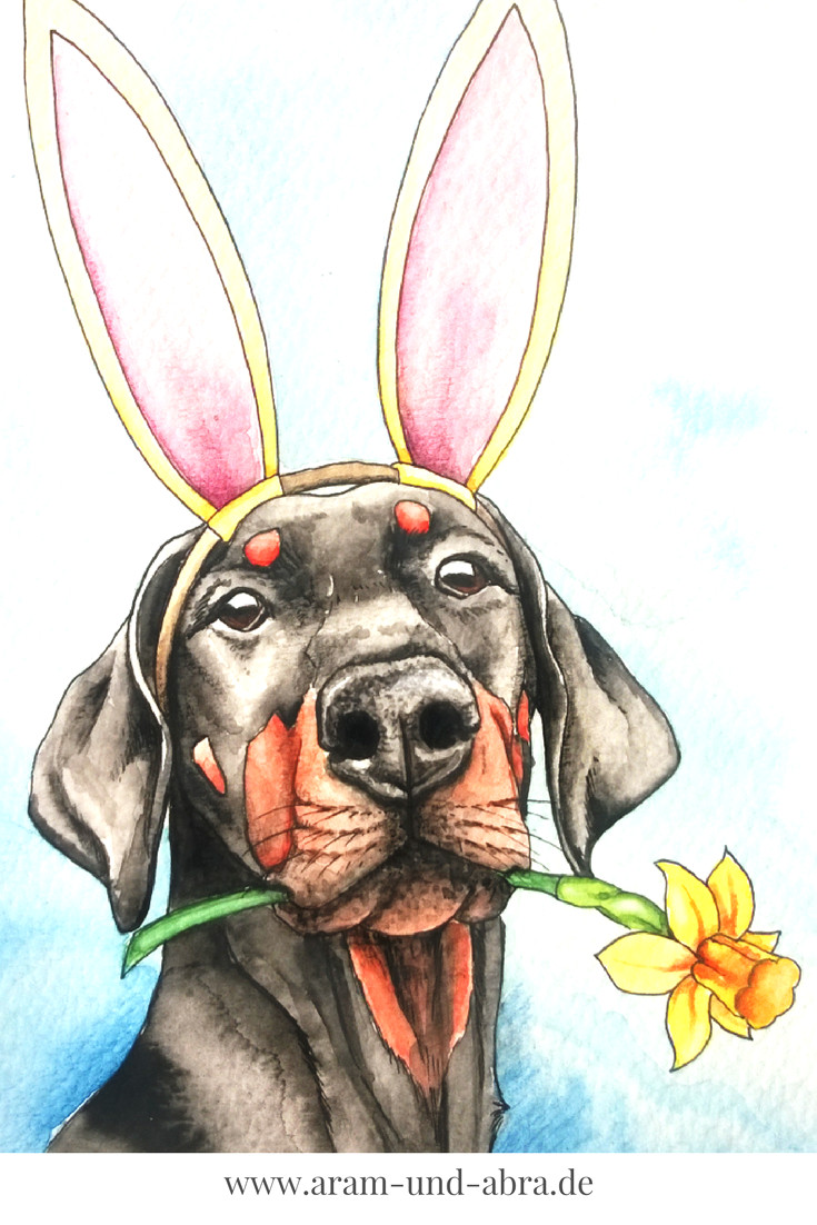 illustration zeichnen aquarell ostern hund dobermann blume