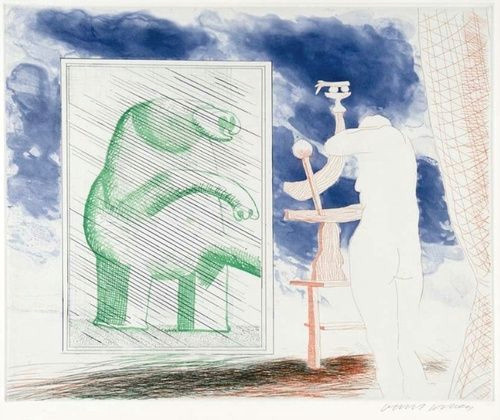 david hockney british b a picture of ourselves from the blue guitar etching and aquatint in colours plate x cm
