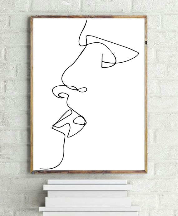 kiss print line art b and w printable art minimalist print digital download one line drawing