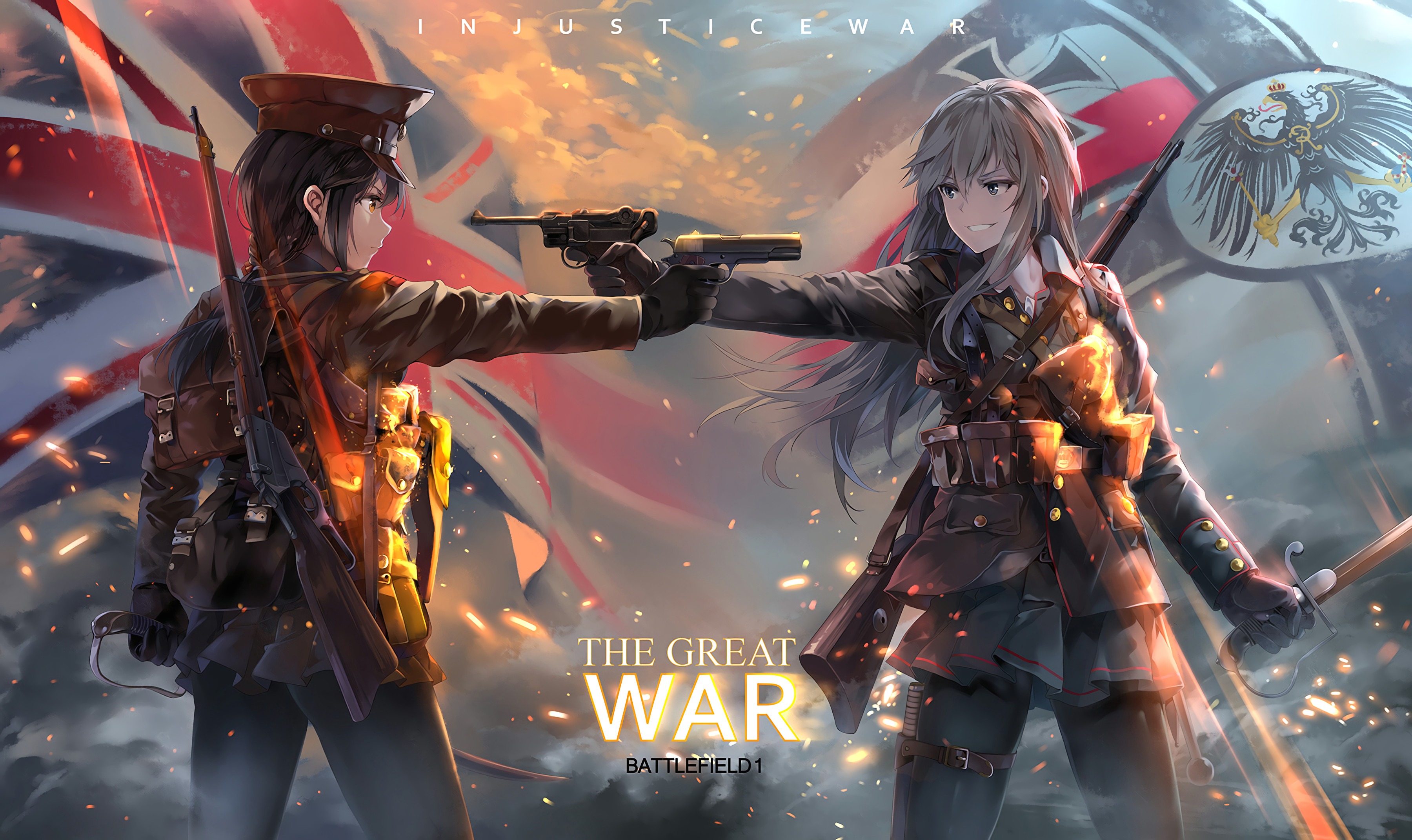 anime 3600x2142 anime anime girls battlefield battlefield 1 uniform gun weapon british army german army smiling backpacks sword military war sparks