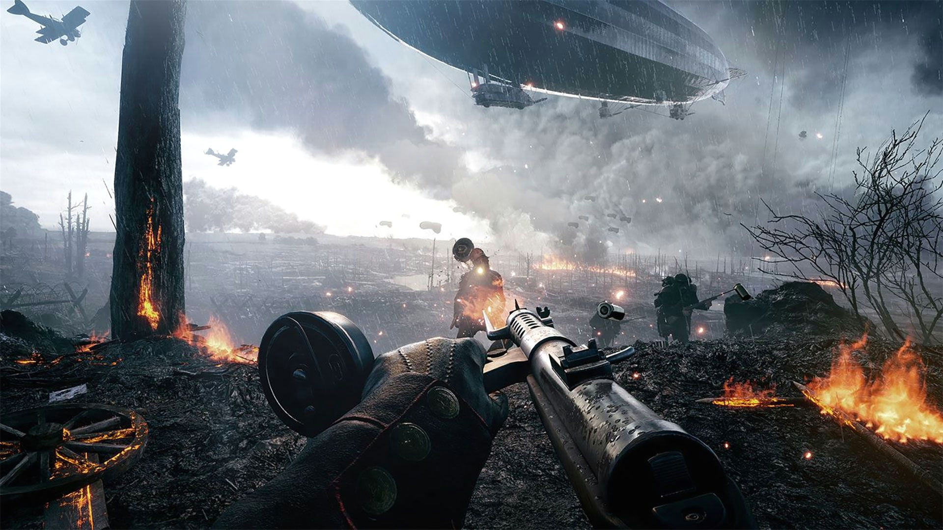 battlefield 1 aiming a gun on a flaming battlefield