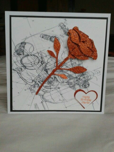 copper rose and engine drawing birthday card