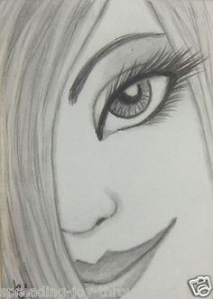 aceo atc original pencil drawing beautiful sexy girl woman face smile cute pencil