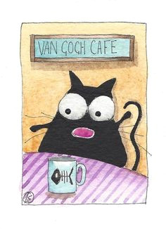 aceo original watercolor painting whimsical fat black kitty cat van gogh cafe illustrationart kunsthandelskarten