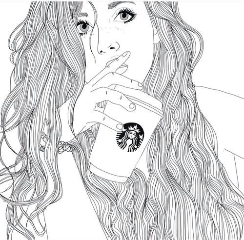 art black white drawing girl outlines starbucks image