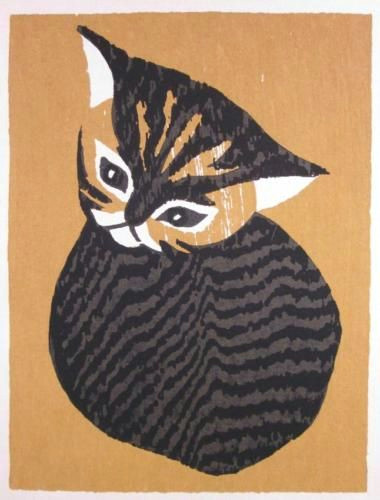 c 1950 modernist kaoru kawano woodblock print kitten chuban size cat japanese