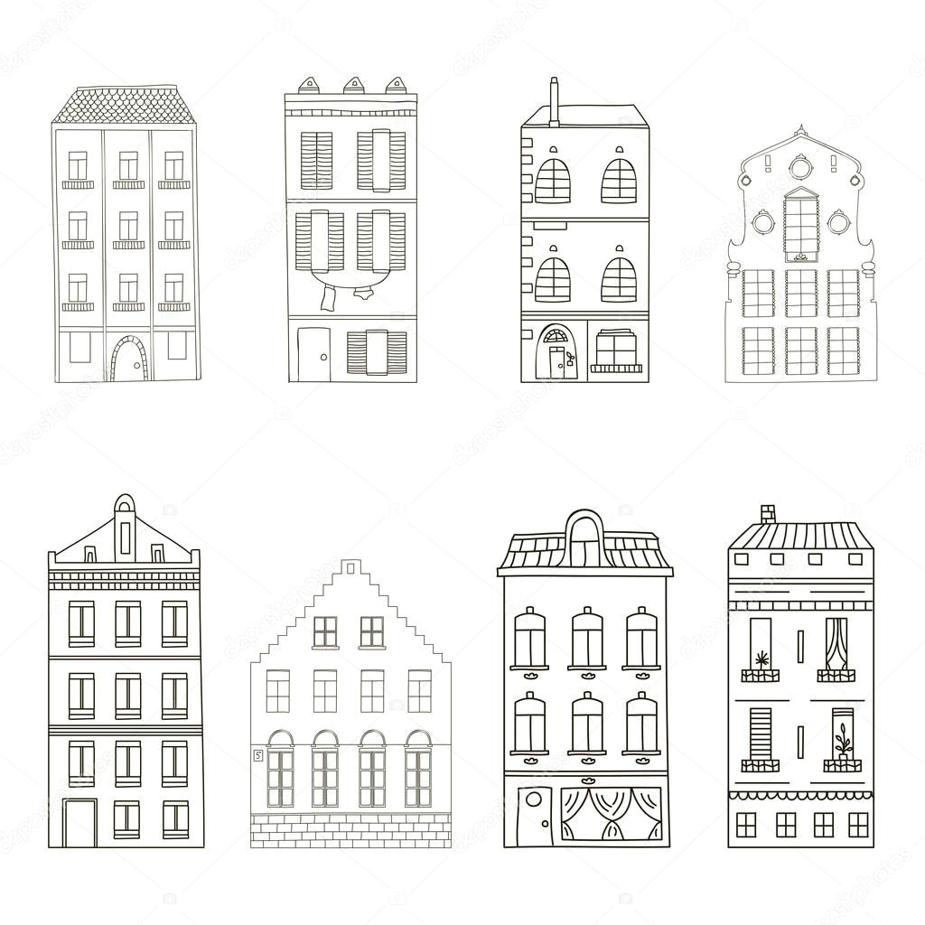 cartoon hand drawn buildings stock illustration