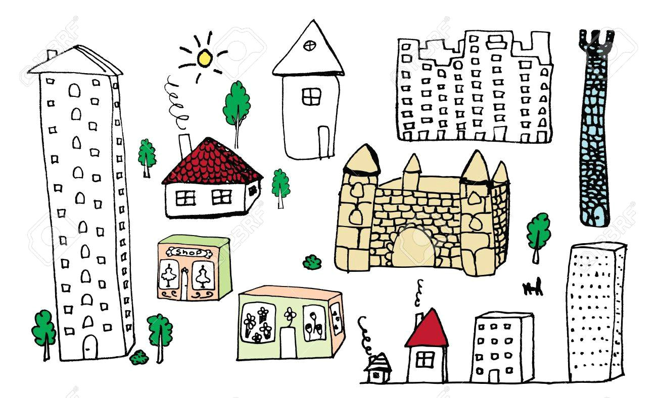 Cartoon Drawing Buildings Set Od Hand Drawing Building Royalty Free Cliparts Vectors and