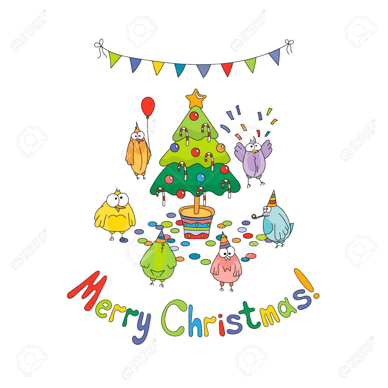 merry christmas greeting card with color cartoon funny birds around the christmas tree hand draw