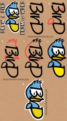how to draw a cartoon bird from the word bird with easy steps tutorial for kids