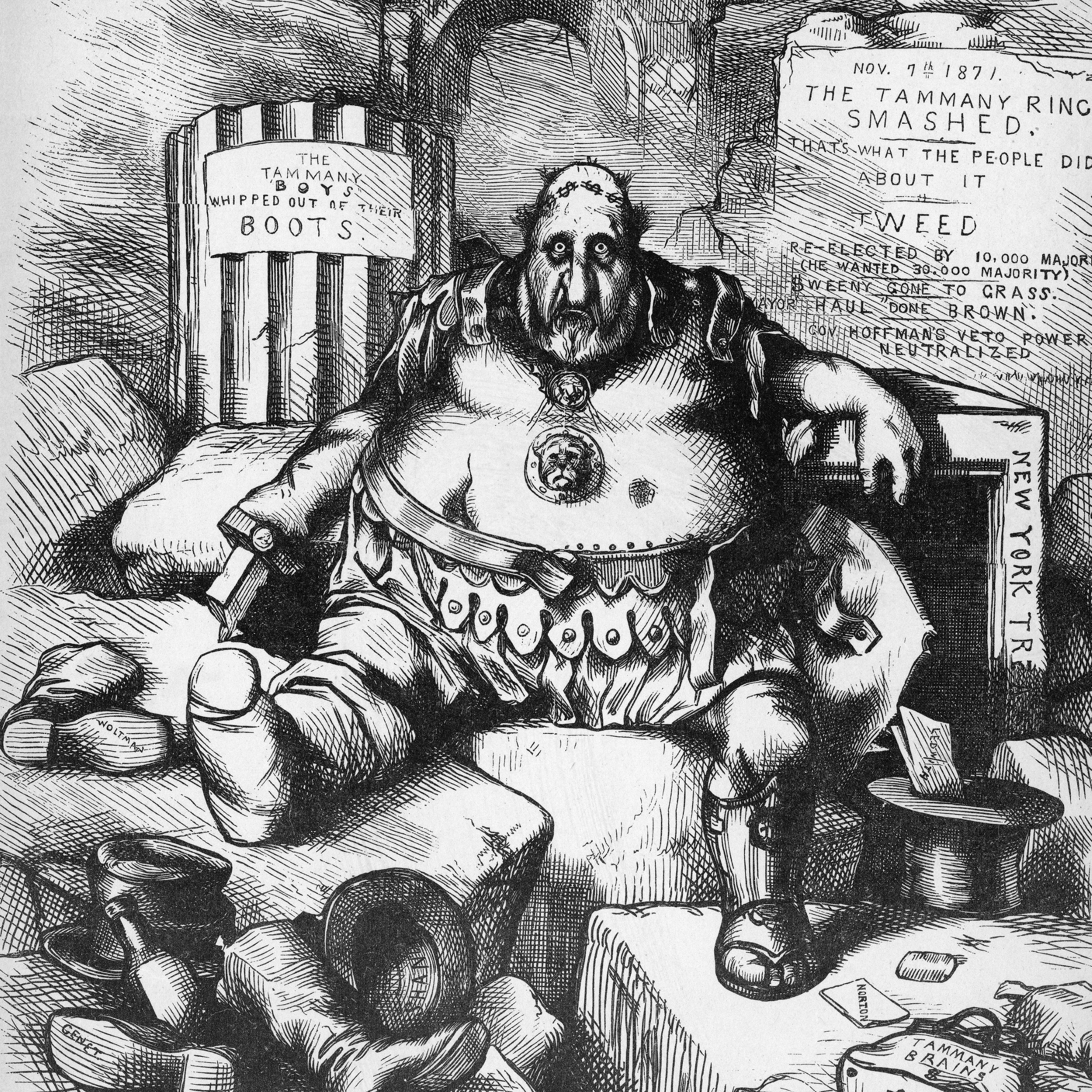 thomas nast cartoon depicting a defeated boss tweed in november 1871