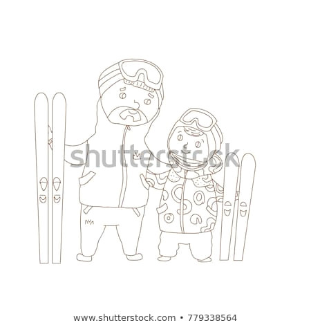 cartoon vector illustration father and sun with skis two skiers winter vacation