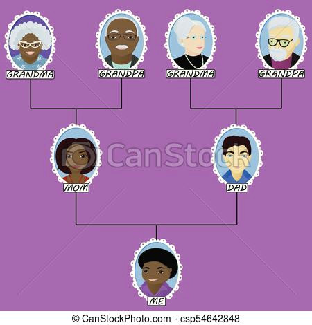 cartoon family tree of the boy born in interracial marriage csp54642848
