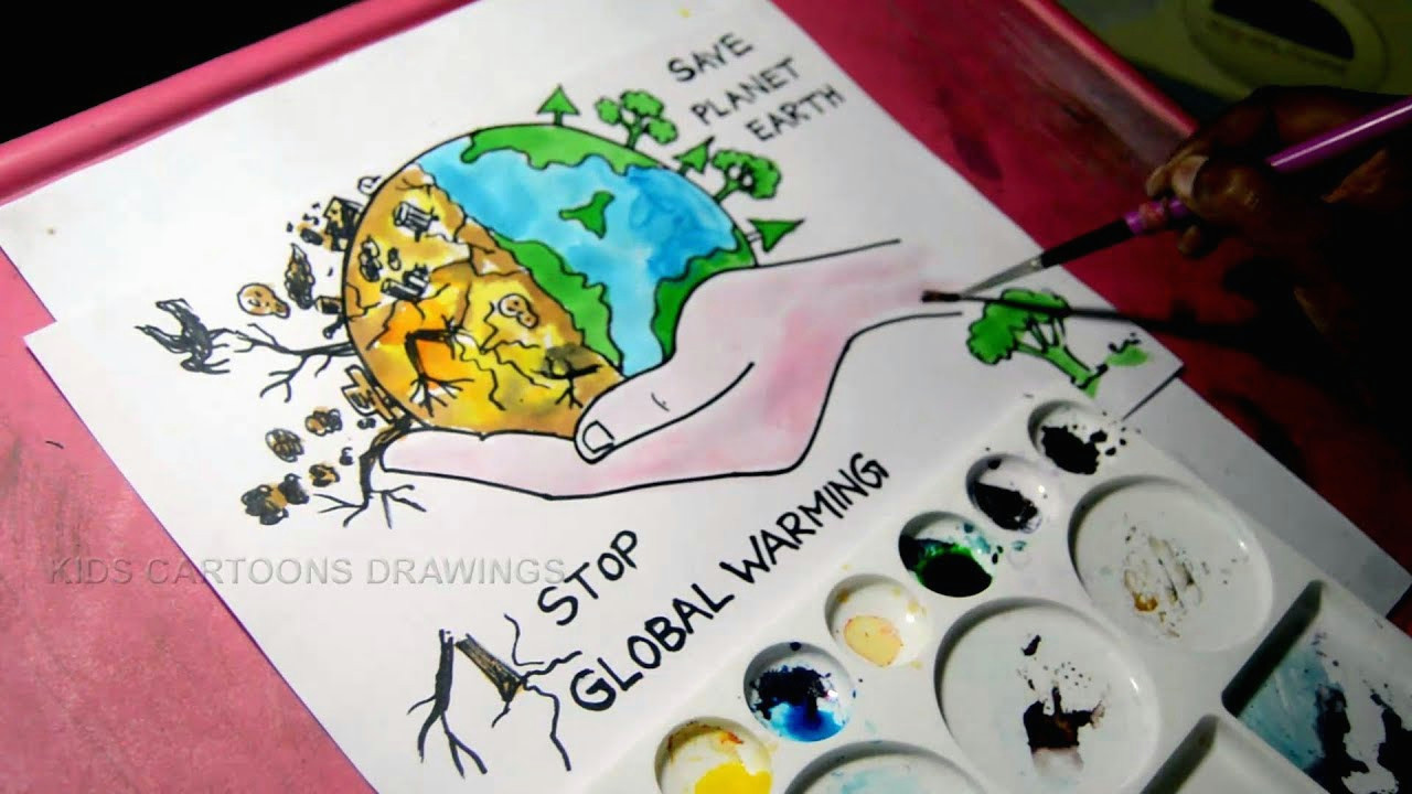 how to draw stop global warming and save planet earth drawing for kids kids cartoon drawings