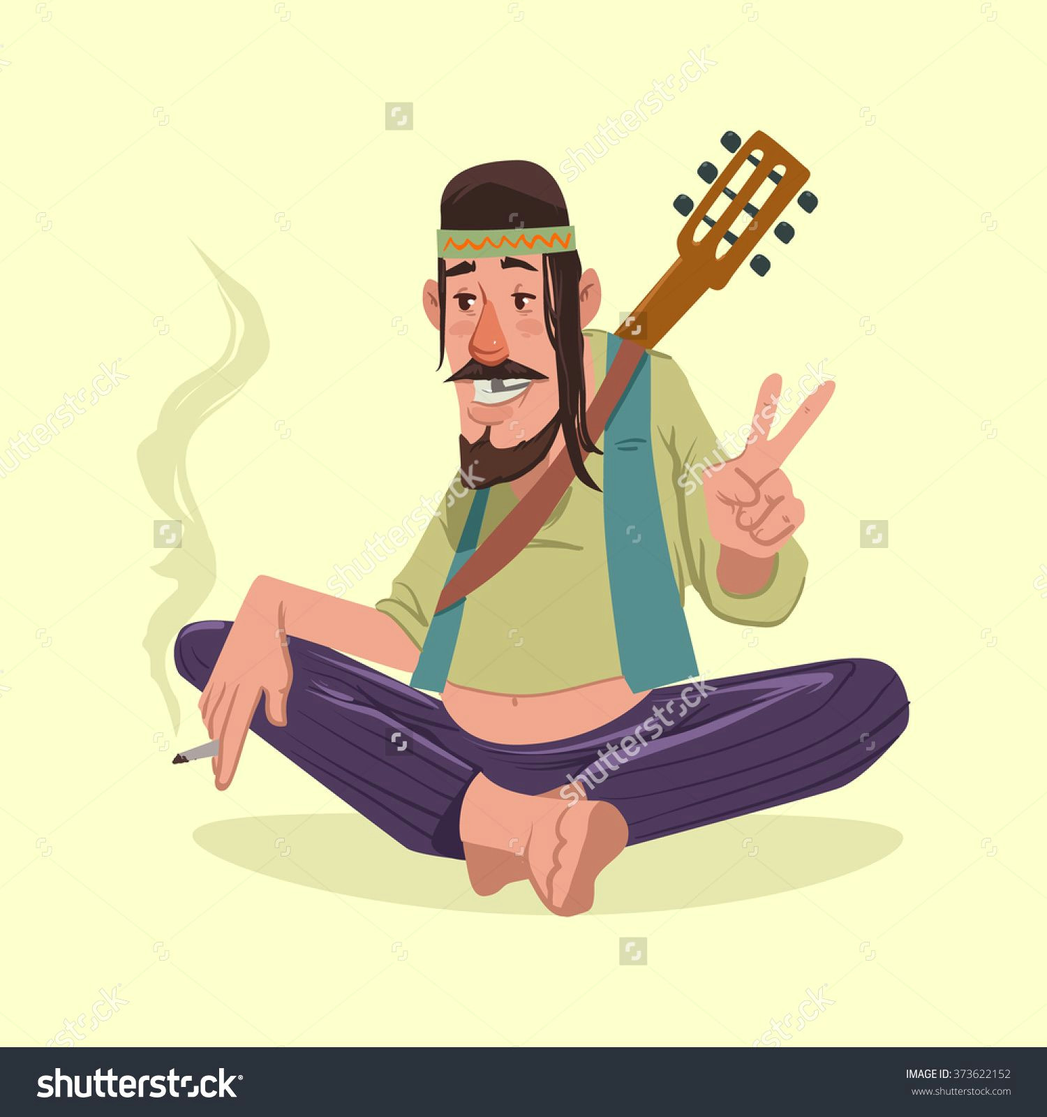 hippie smokes and shows the peace symbol guitar vector illustration