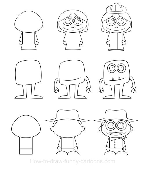 learn how to draw cartoon characters that are cute and made from simple basic elements