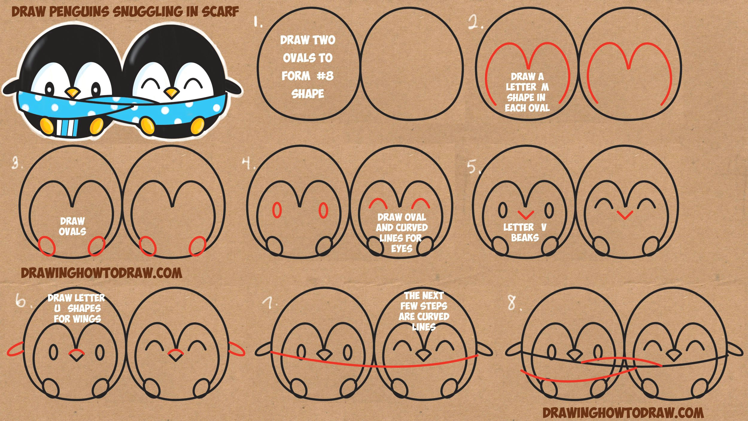 how to draw cute kawaii chibi cartoon penguins in a scarf for winter easy step by step drawing tutorial for kids