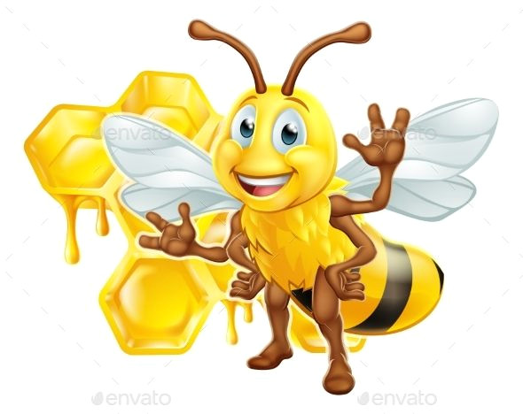 a bee cute cartoon character mascot with his or her honeycomb and dripping honey in the background