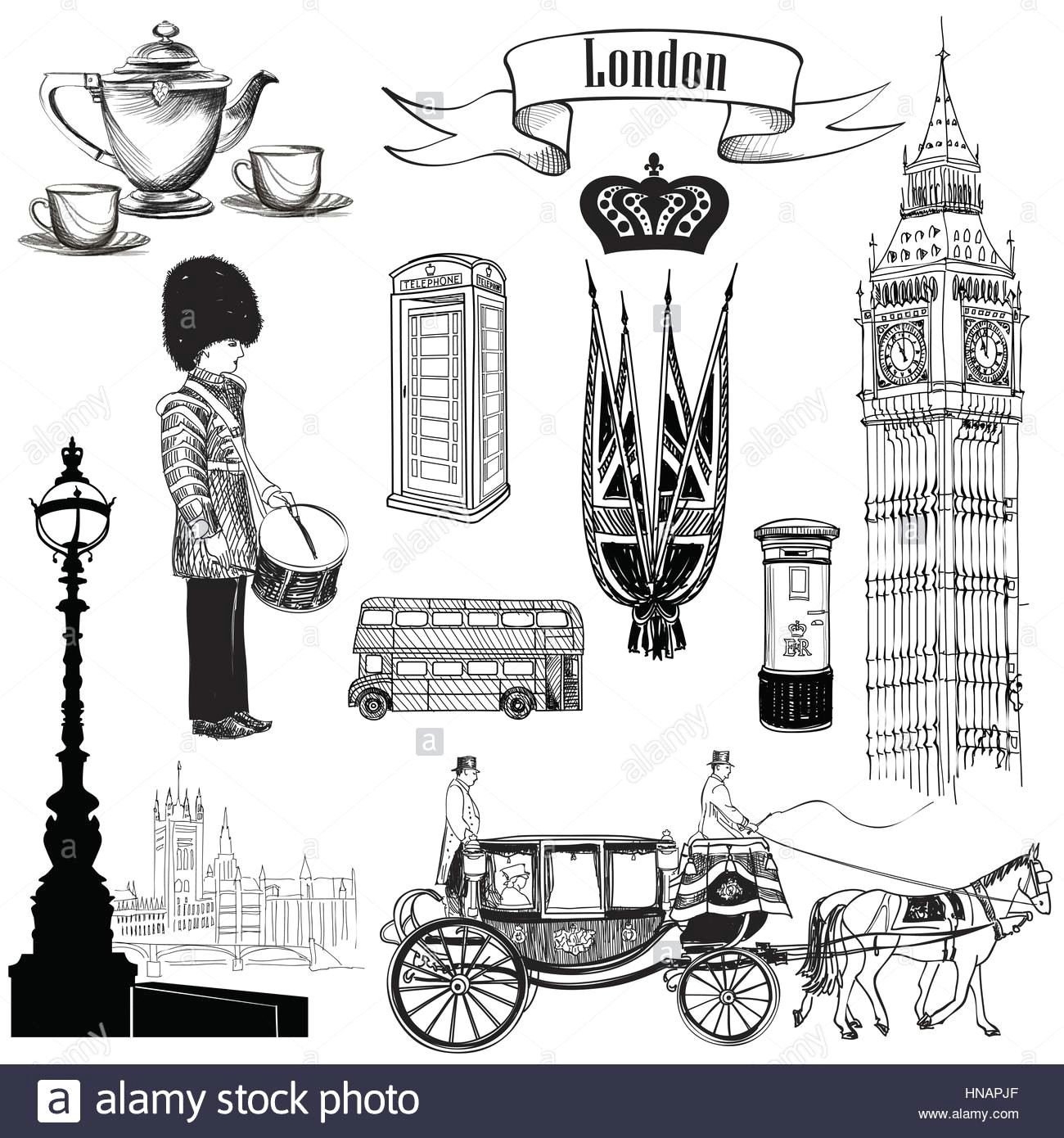 english icon set london symbols england uk europe hand drawing vintage illustration over white background