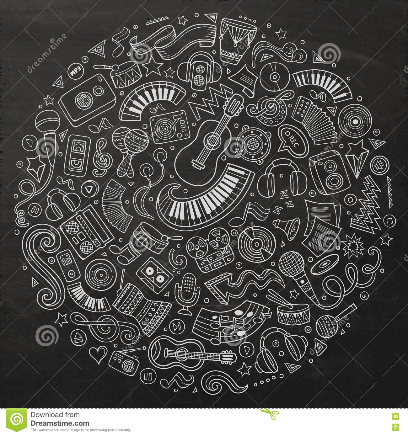 chalkboard vector hand drawn set of musical cartoon doodle objects symbols and items round composition