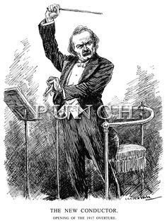 political big cut cartoon from punch magazine showing new british prime minister david lloyd george ready for action as a conductor of an