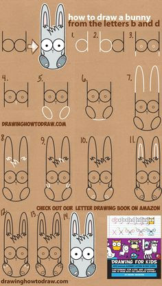 how to draw a cute cartoon bunny using lowercase letters b and d easy step