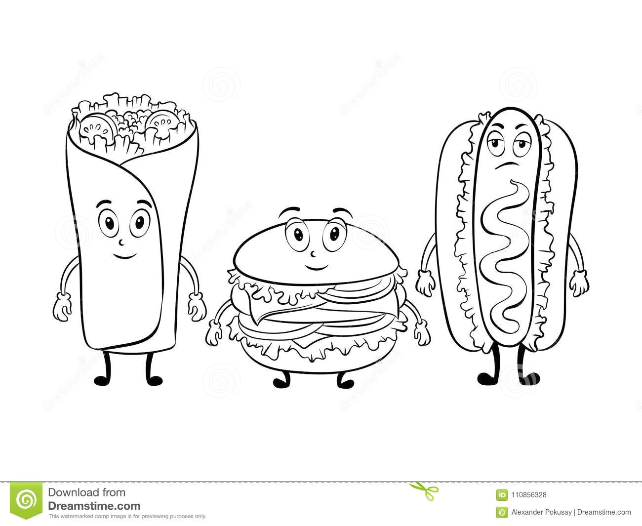 burger hot dog and burrito cartoon character coloring vector illustration cartoon food character comic book style imitation