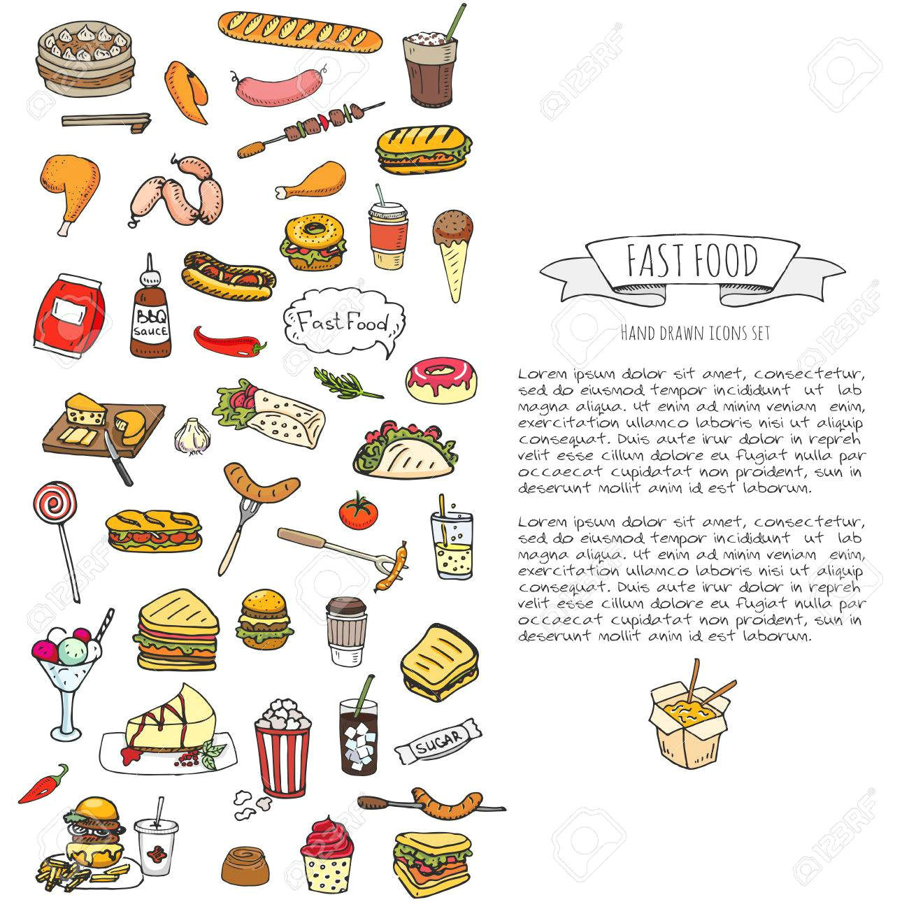 hand drawn doodle fast food icons set vector illustration junk food elements collection