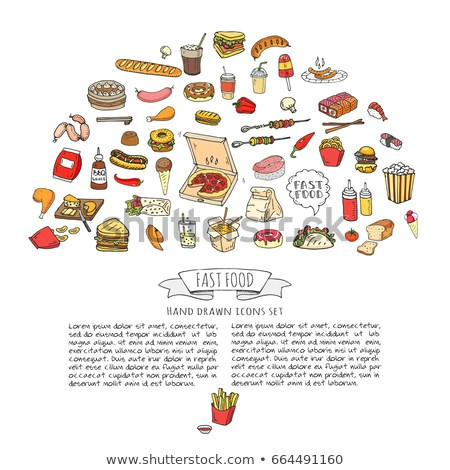 junk food elements collection cartoon snack various sketch symbol soda burger potato hot dog pizza tacos sweet desert donut popcorn vector