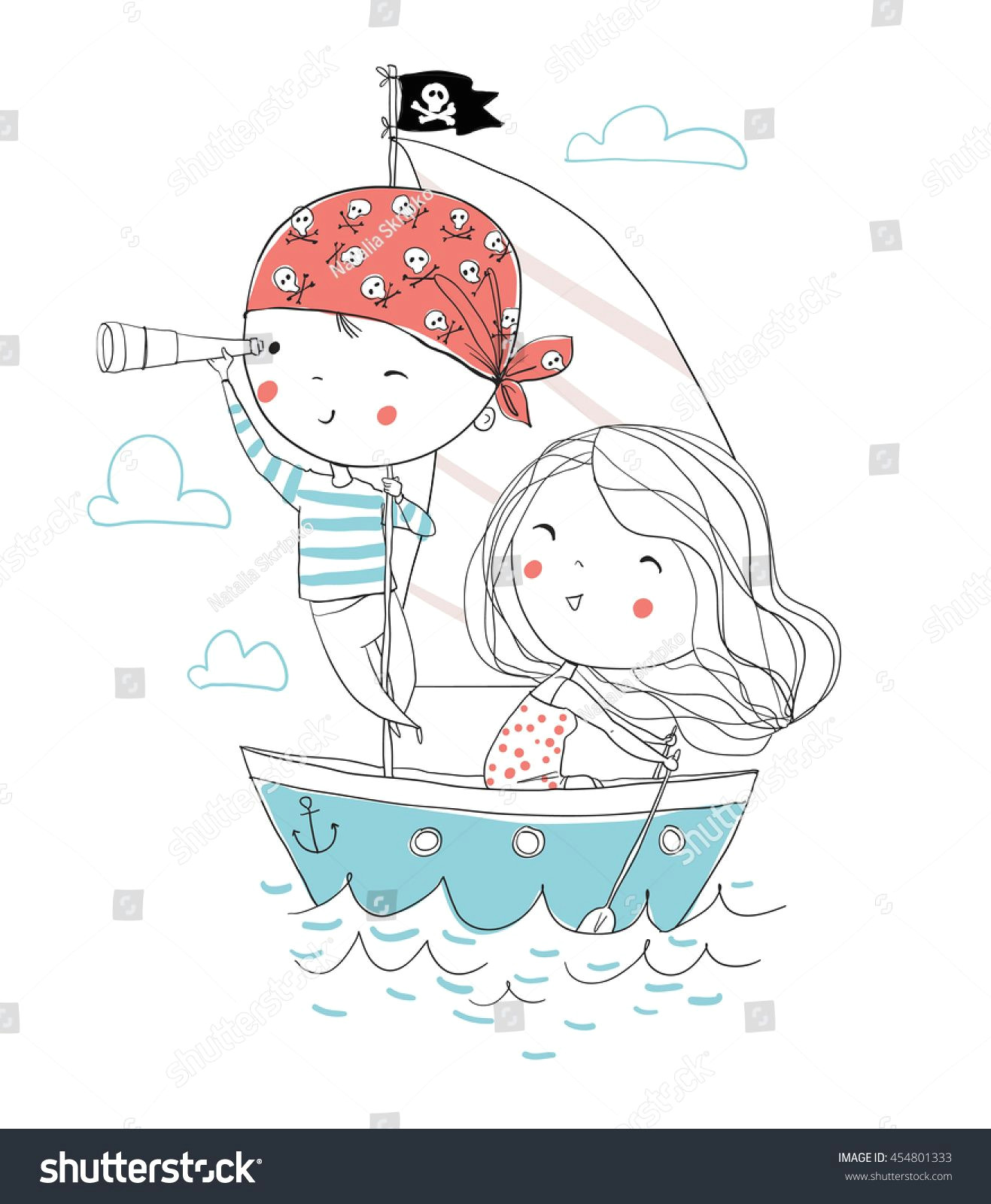 pirate boy and girl in boat to sea