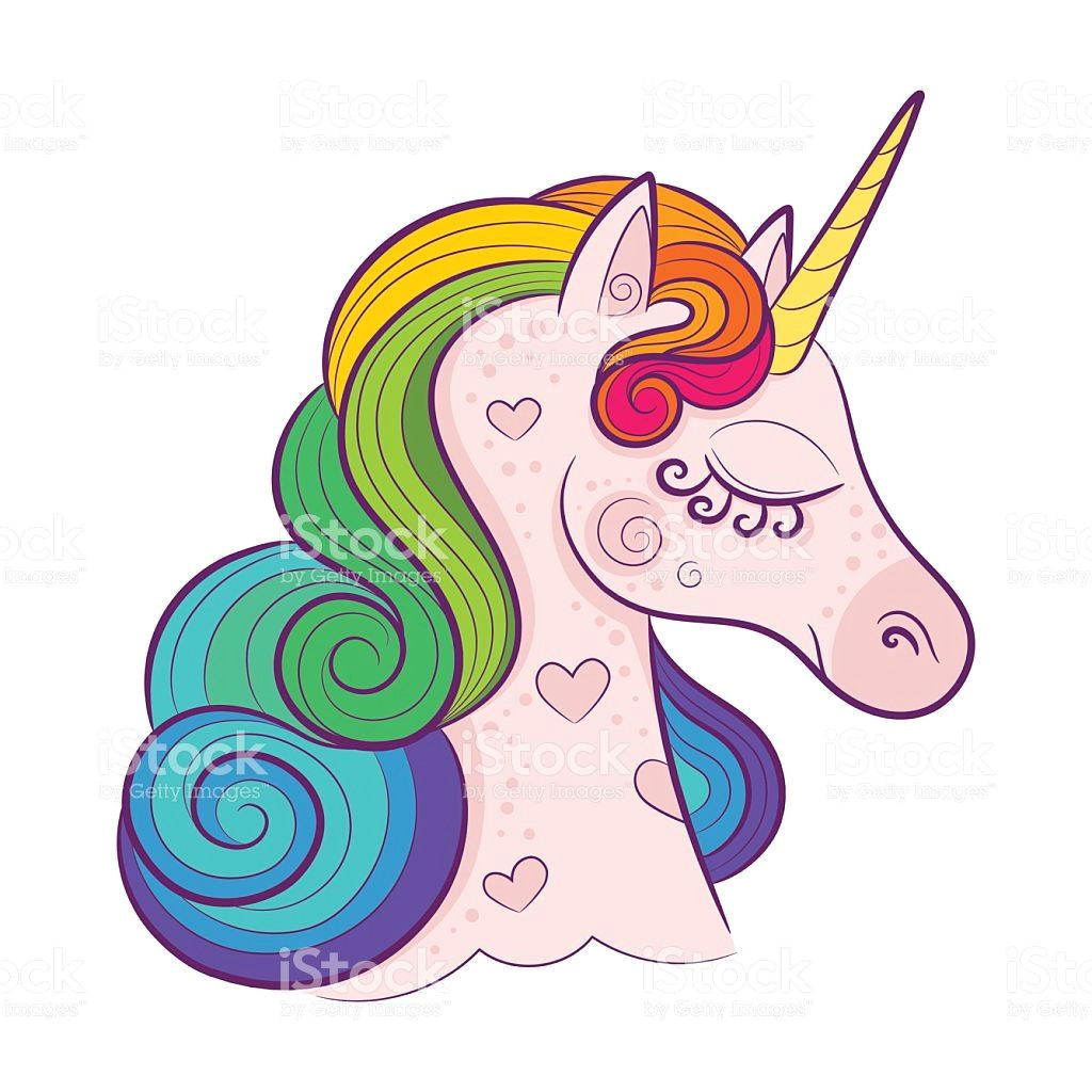 head of cute white unicorn with rainbow mane
