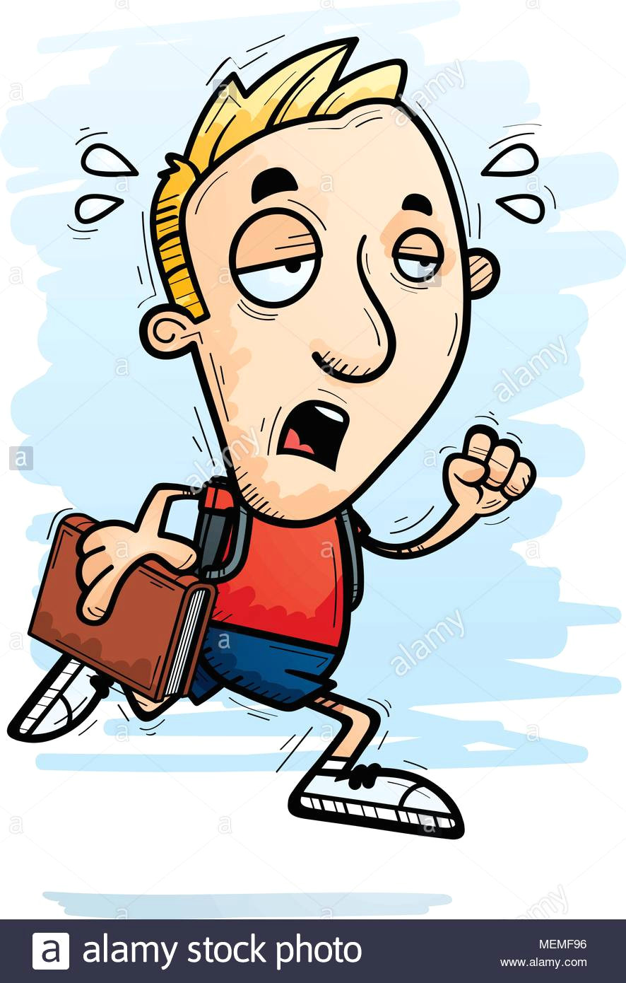 a cartoon illustration of a man student running and looking exhausted