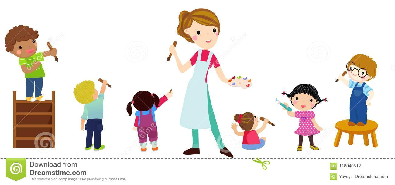 Cartoon Drawing Teacher Children Drawing with Teacher Stock Illustration Illustration Of