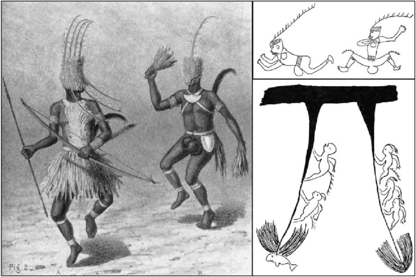 left haddon s colour sketch of dancers with distinctive head dresses from the death dance at pulu upper right drawing by gizu of mabuig of two
