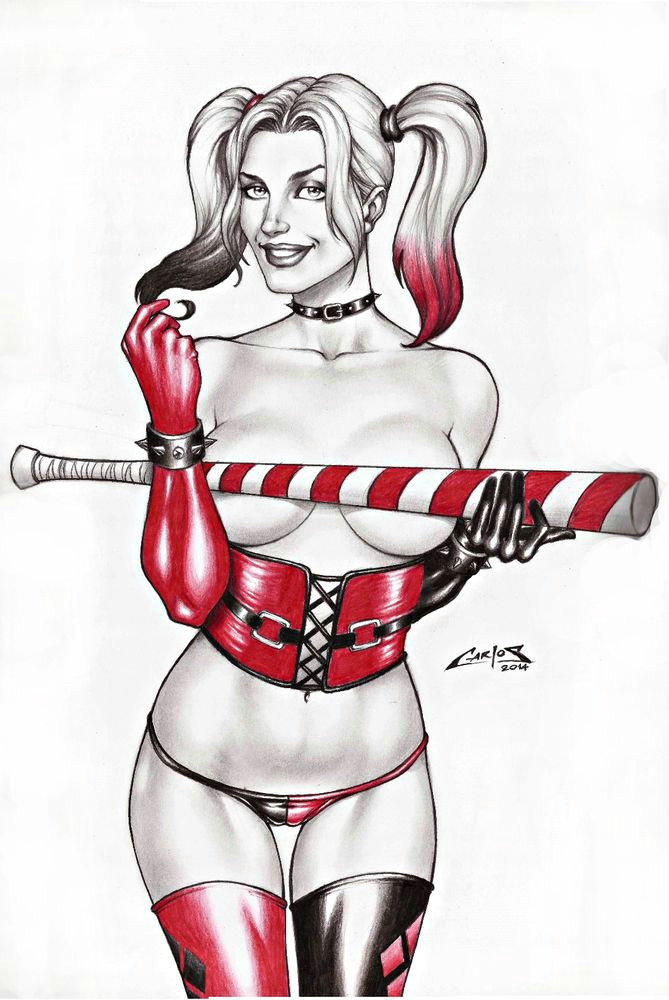 artist carlos augusto harley quinn 2 art pinup drawing original comic art popart