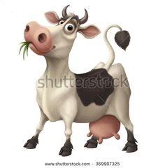 happy funny cartoon cow chewing grass
