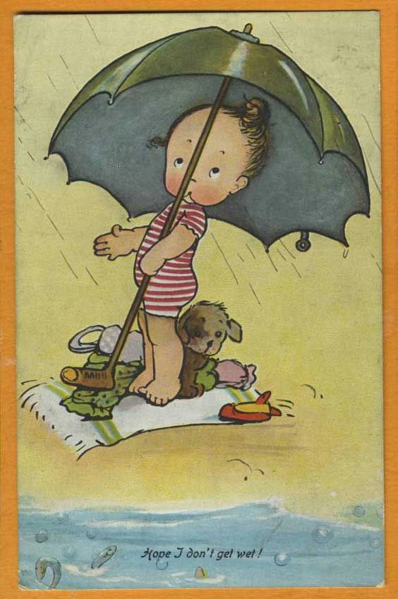 mabel lucie attwell vintage card art toddler girl dog swimming ocean rain umbrella