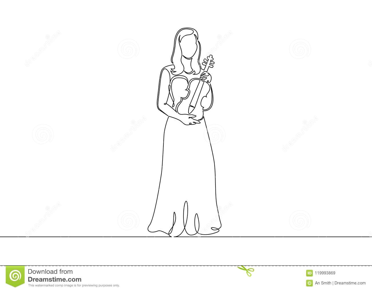 a continuous one drawn single line of a musician is played by a violinist woman