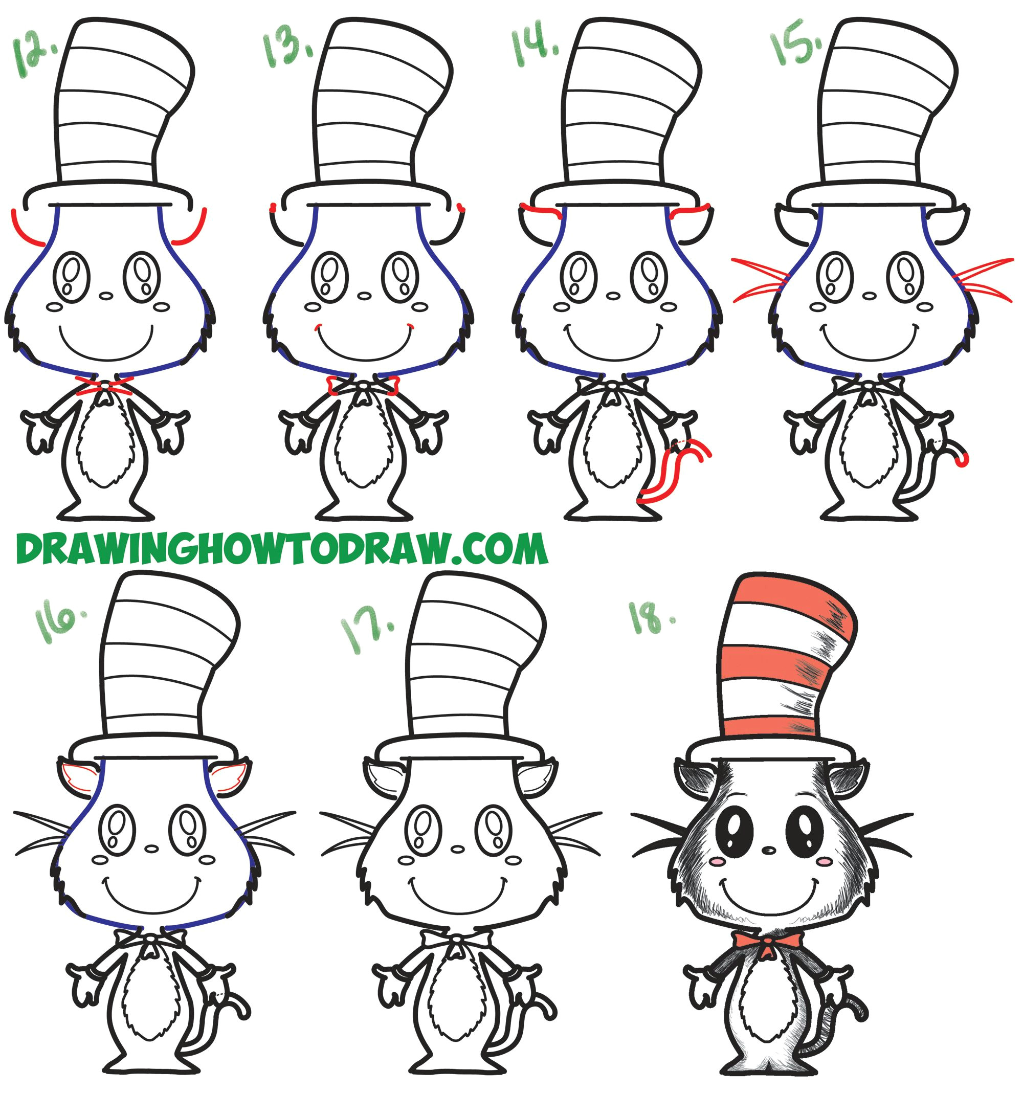 learn how to draw the cat in the hat cute kawaii chibi version simple steps drawing lesson for beginners