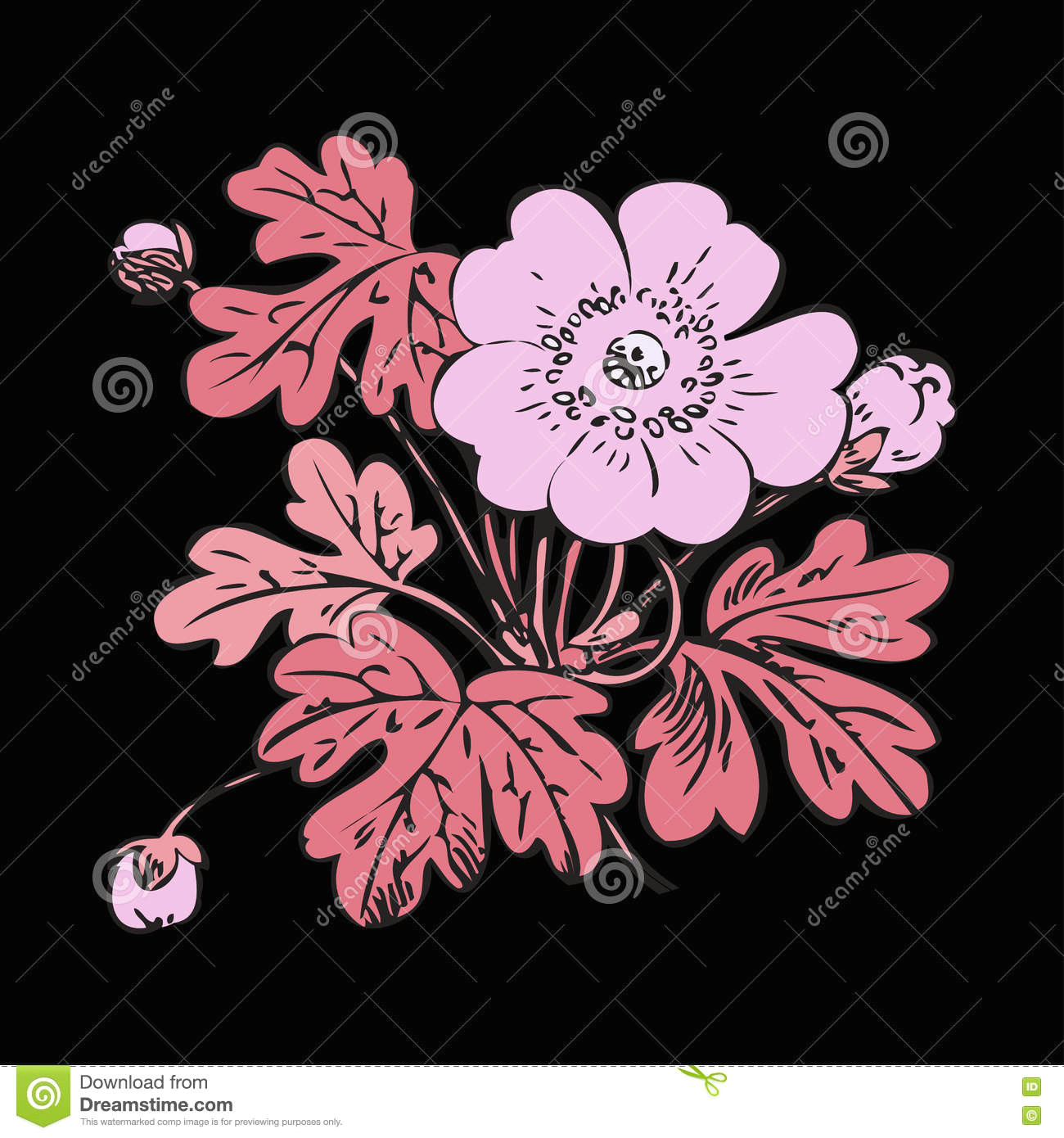 floral bush retro on black background hand drawn decorative flower vintage contour closeup branch with flowers and buds print design